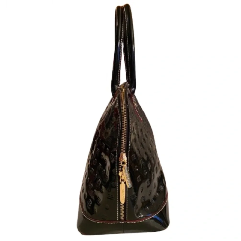 Arcadia Women’s Black Patent Leather Dome Handbag Zip Closure Made in Italy EUC